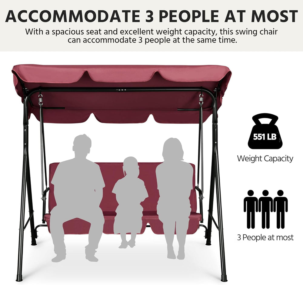 Yaheetech 3-Seat Patio Swing Chair, Adjustable Canopy & Cushion, Burgundy