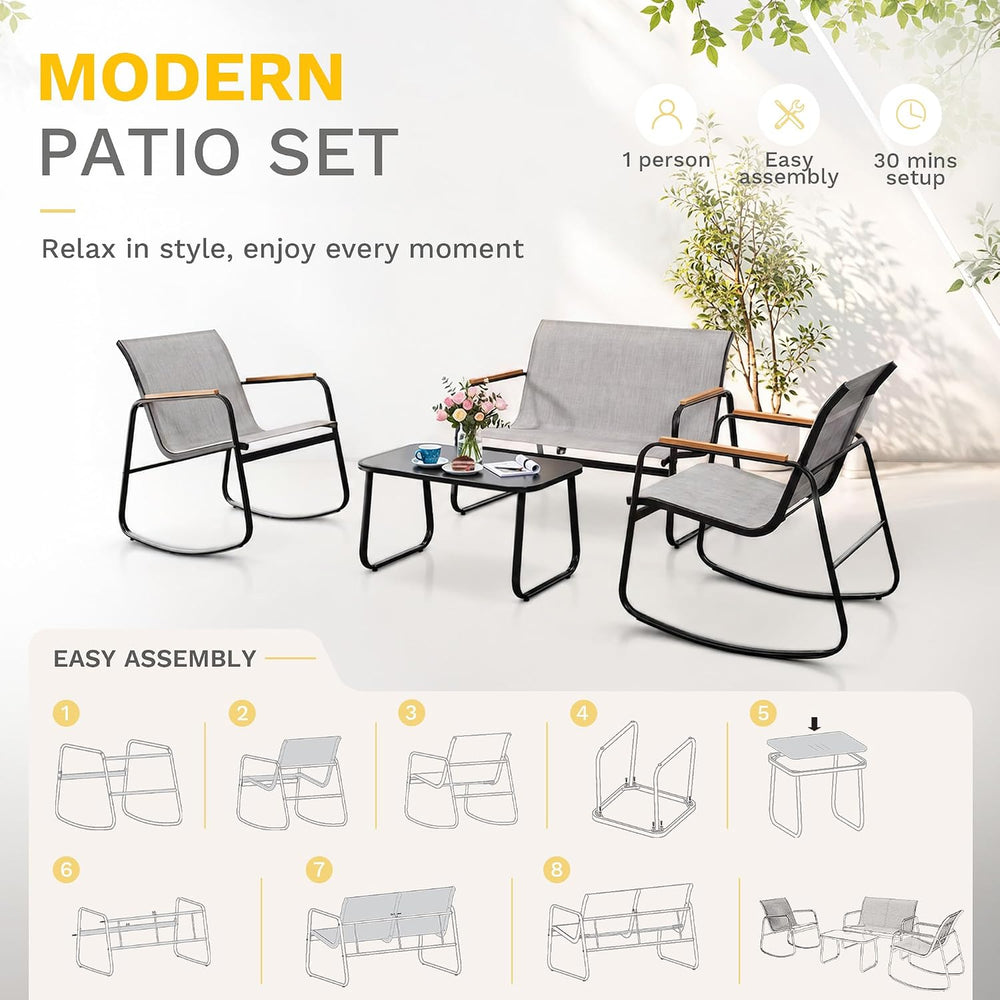 DWVO 4-Piece Rocking Patio Furniture Set, Textilene Conversation Set, Grey