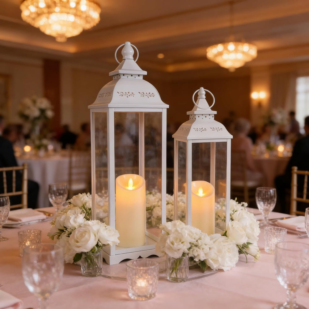 Decorative Candle Lanterns, Large 2Pcs, White Metal for Indoor & Outdoor