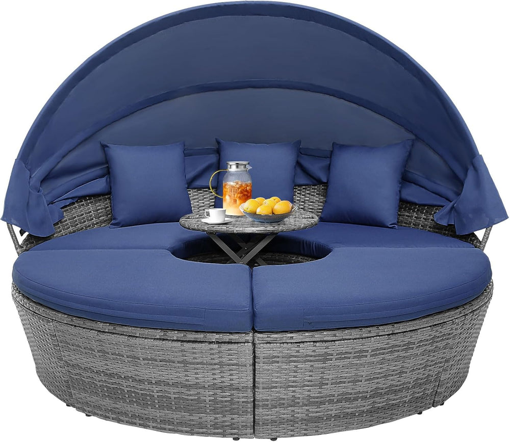 RELAX4LIFE Round Outdoor Daybed with Canopy, Rattan Wicker Sectional Sofa Set...