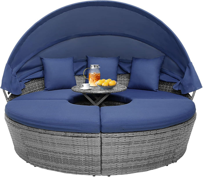 RELAX4LIFE Round Outdoor Daybed with Canopy, Rattan Wicker Sectional Sofa Set w/Cushions, Height Adjustable Table, Conversation Bed Lounger Separated Seating for Outside Pool, Patio Daybed (Navy)