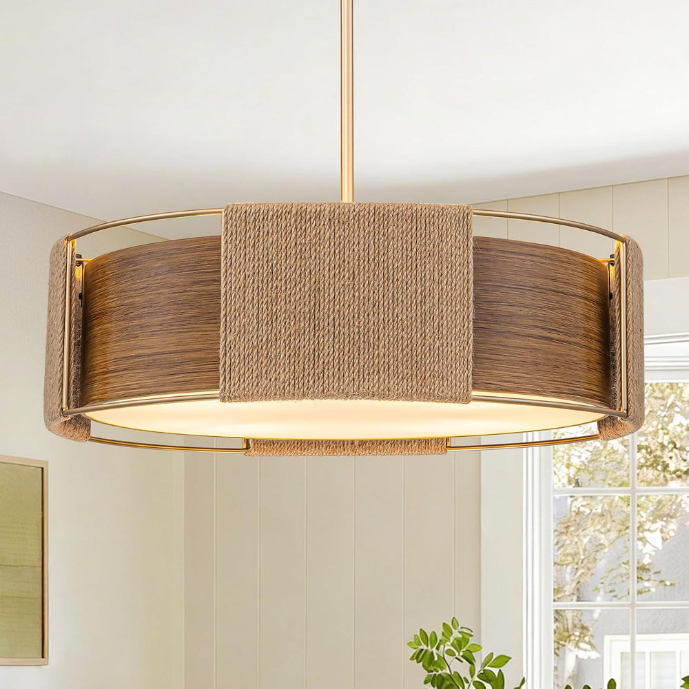 Modern Rattan Chandelier, 4-Light 2-Layer Shade Gold Chandelier Rustic 19.7&#...
