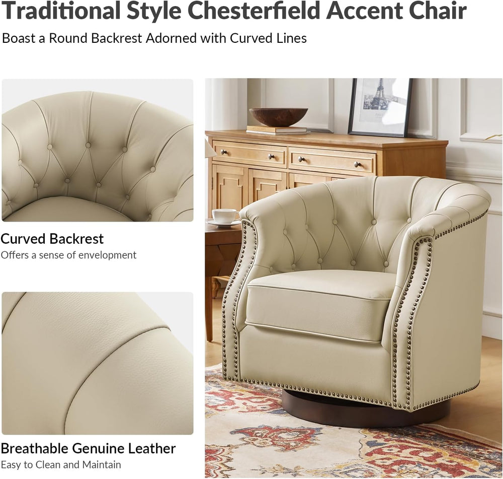 HULALA HOME Genuine Leather Swivel Rocker Chairs, Fully Assembled, Beige