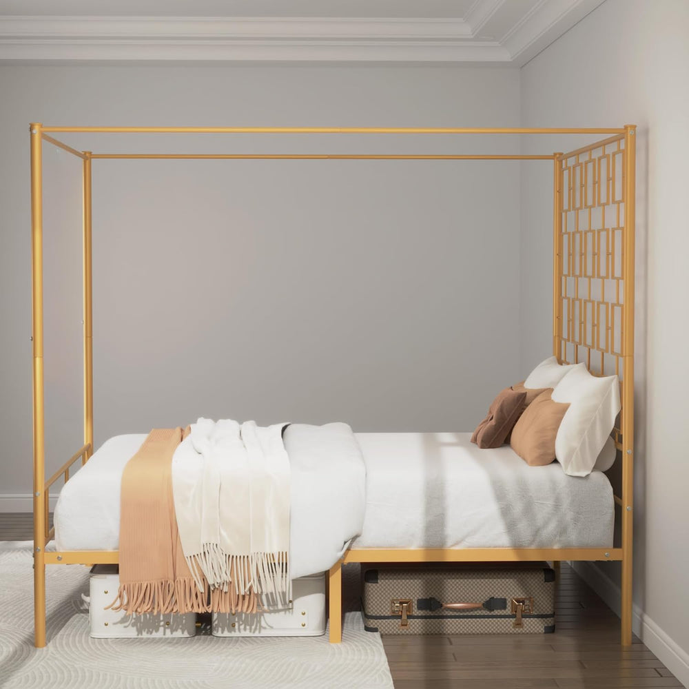 King Canopy Bed Frame, Gold Metal Bed, No Box Spring Needed