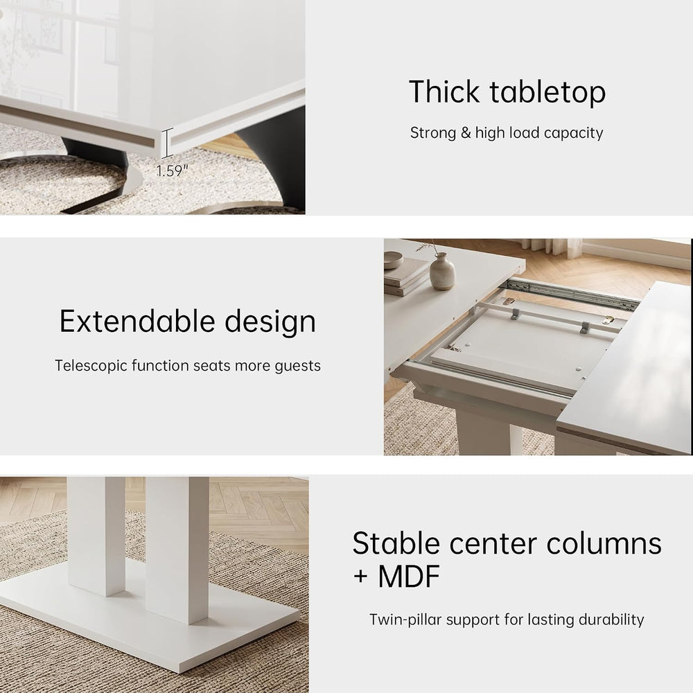 HIPIHOM Extendable Dining Table Set, White Table + 6 Beige Pu Chairs
