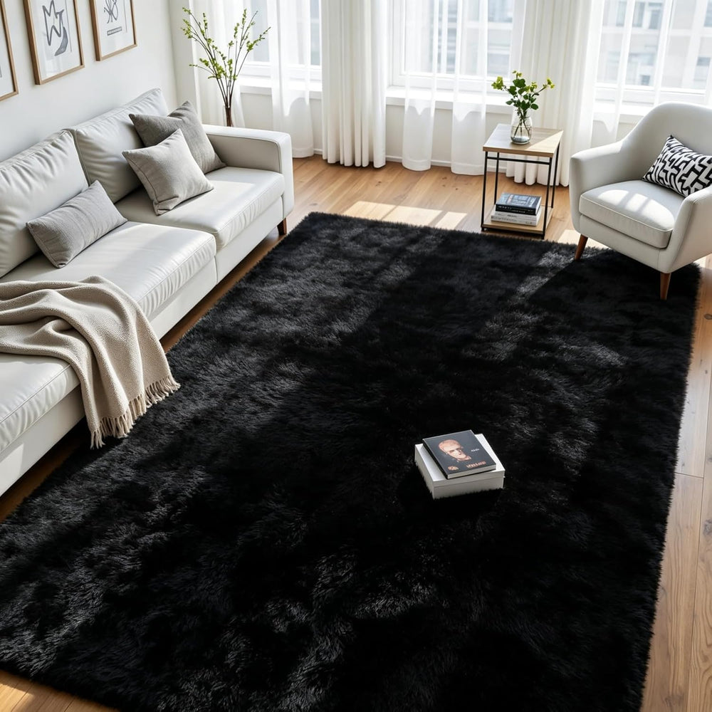 6x9 Fluffy Area Rug for Living Room: Soft Non-Slip Black Bedroom Carpet