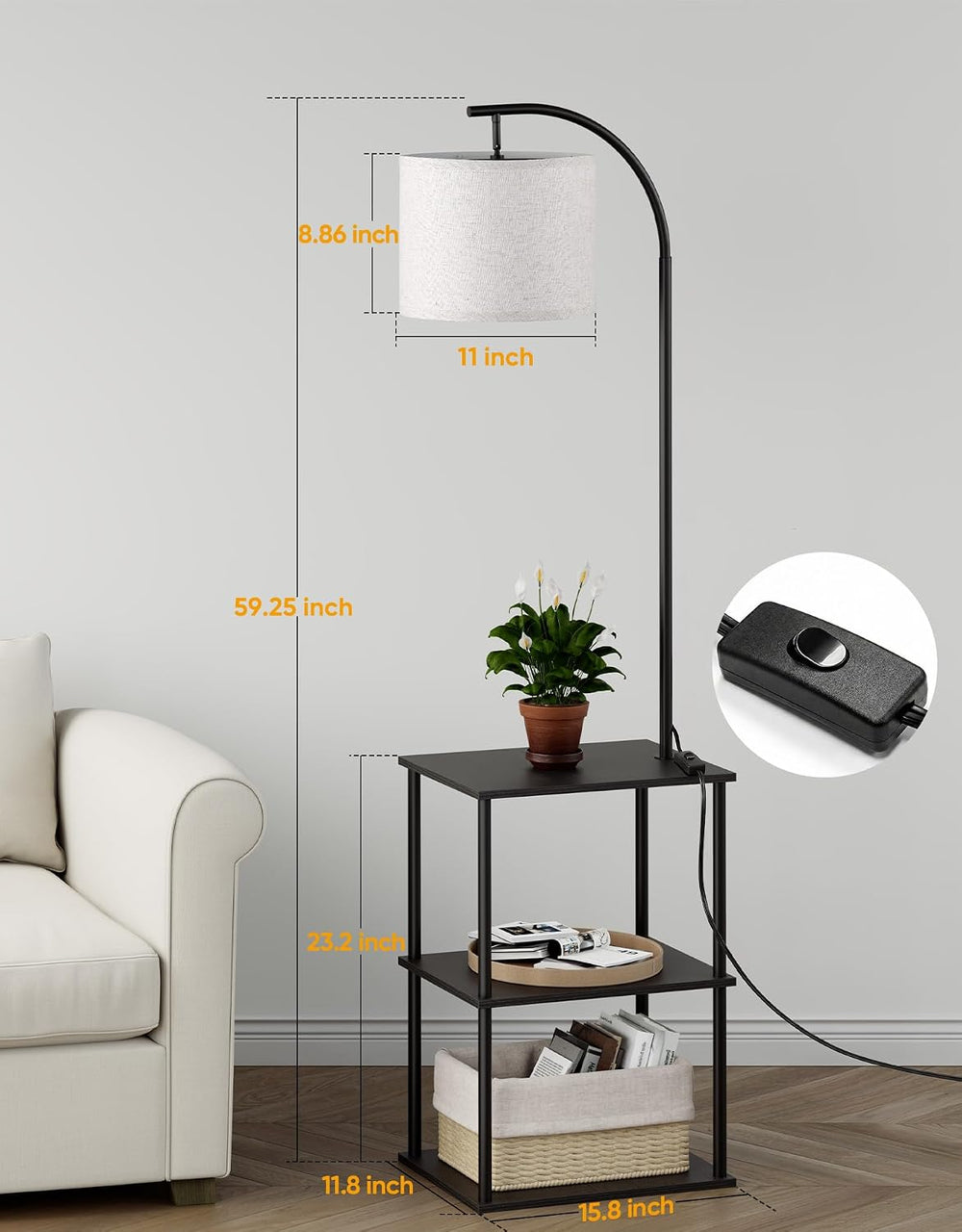 Black Floor Lamp with Table 2 Pack, Night Stand with Lamp, Narrow Side Table ...