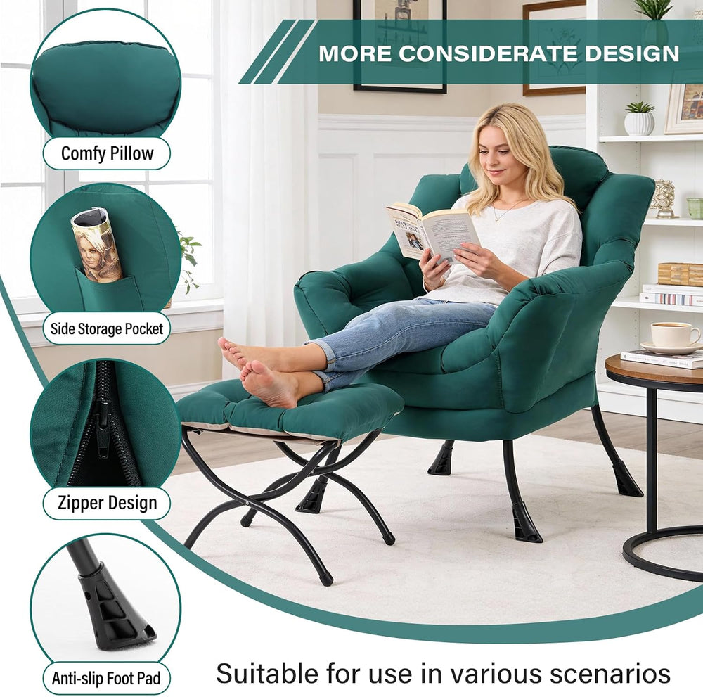 Modern Lazy Chair with Ottoman, Comfy Accent Reading Chair, Dark Green