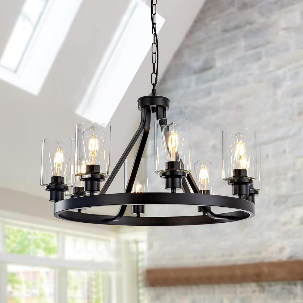 Lanhall 8-Light Black Dining Room Light Fixtures Farmhouse Wagon Wheel Chande...