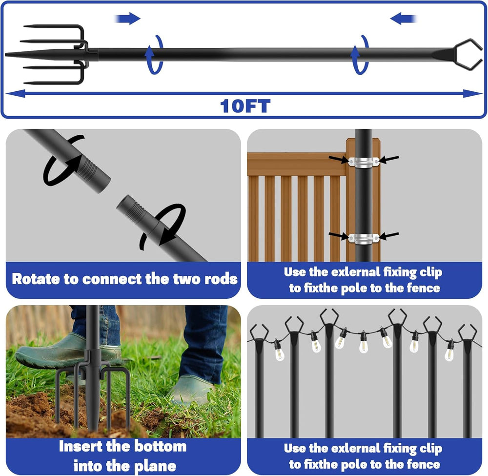 6 Pack 10 ft Heavy Duty Metal String Light Poles Adjustable Outdoor Lighting ...