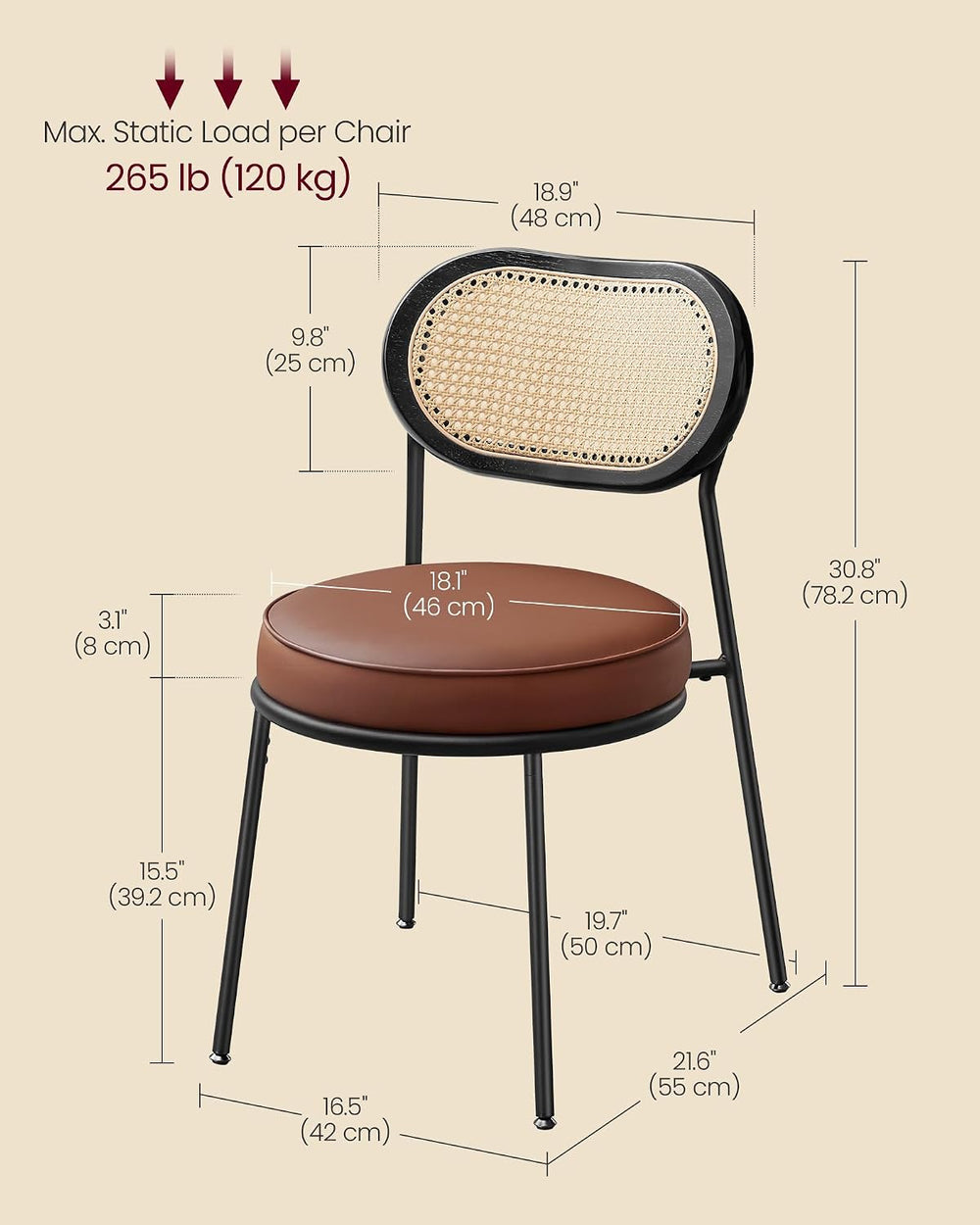 VASAGLE Dining Chairs, Set of 2, PE Rattan Back, Synthetic Leather