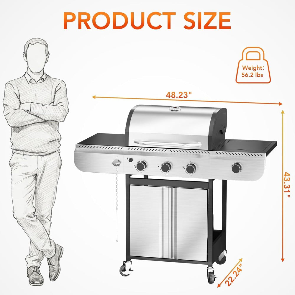 3-Burner Propane Gas Grill with Side Burner, 34,000 BTU Stainless Steel BBQ G...