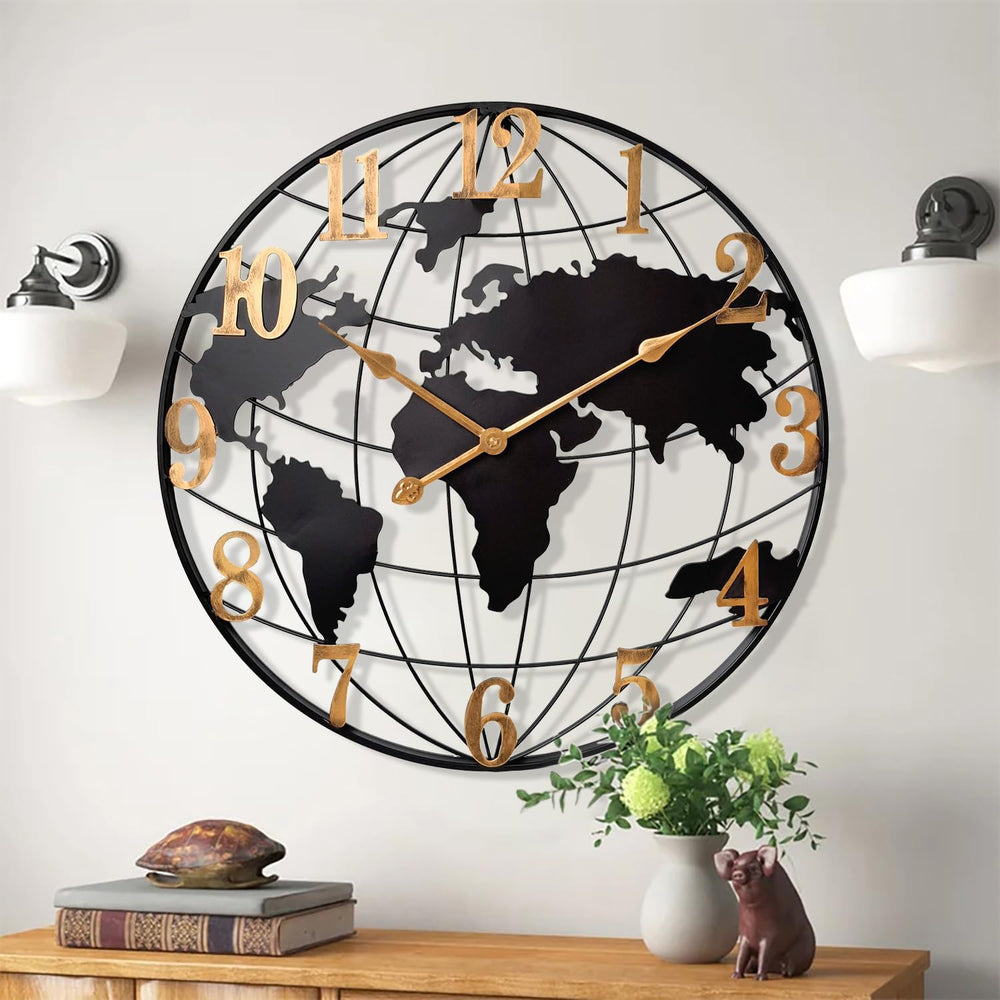 Large World Map Wall Clock Metal Minimalist Modern Round Silent Wall Decor