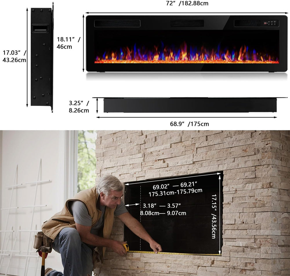 Vitesse 72 Inch Ultra Thin Electric Fireplace-Narrow Bezel Linear Fireplace H...