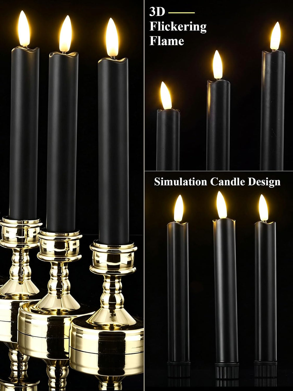 Funtery 24 Pcs Halloween Black Flameless Taper Candles with Remote Timer