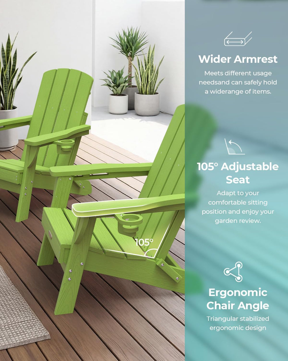 Folding Adirondack Chairs Set of 4, HDPE, 2 Cup Holders, Lime