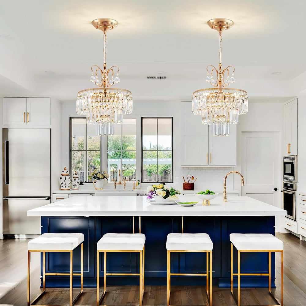 3-Light Gold Crystal Chandelier,Modern 3 Tier Semi Flush Mount Chandelier wit...