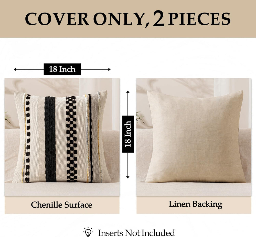 ANRODUO Boho Decorative Pillow Covers 18x18 Inch Black Stripe Pack of 2