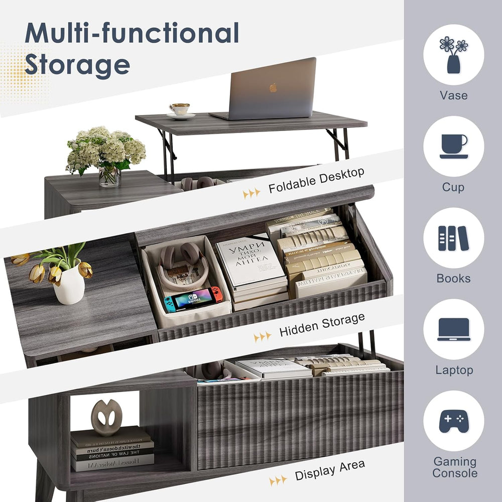 LYNCOHOME Fluted Lift Top Coffee Table with Storage,Modern Center Table for L...
