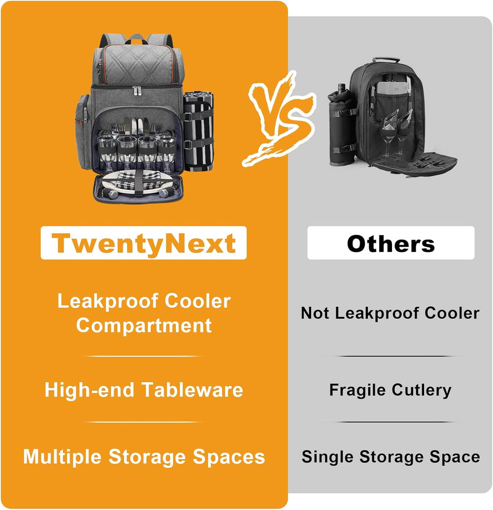 Picnic Backpack for 4, Insulated Cooler Bag with Blanket, Grey