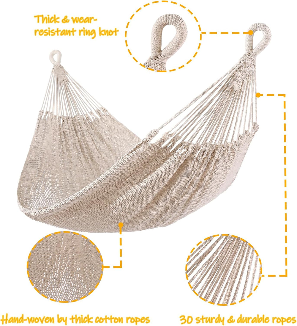 ZEAN Handwoven Hammock by Thick Cotton Rope XXL Two Person Hammock for Outsid...