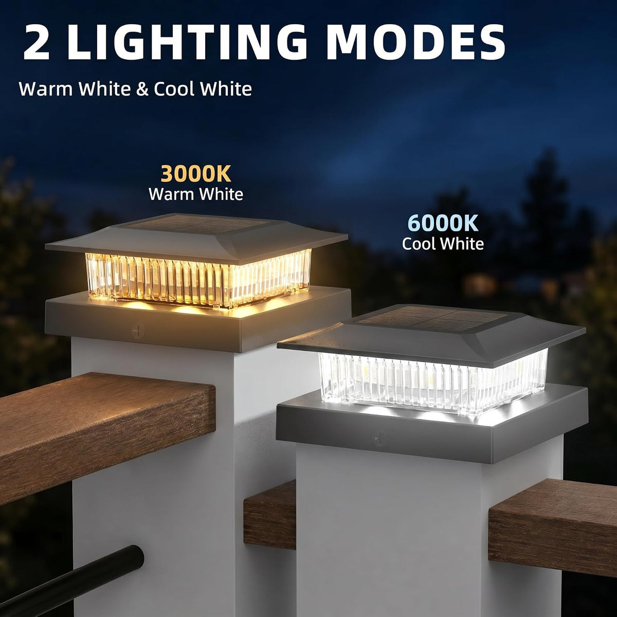 solar post cap lights 4x4, dual-color waterproof fence shown in use