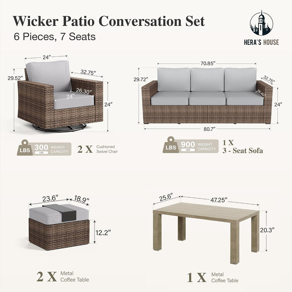 HERA'S HOUSE 6-Piece Patio Furniture Set with Wide Arm, Grey