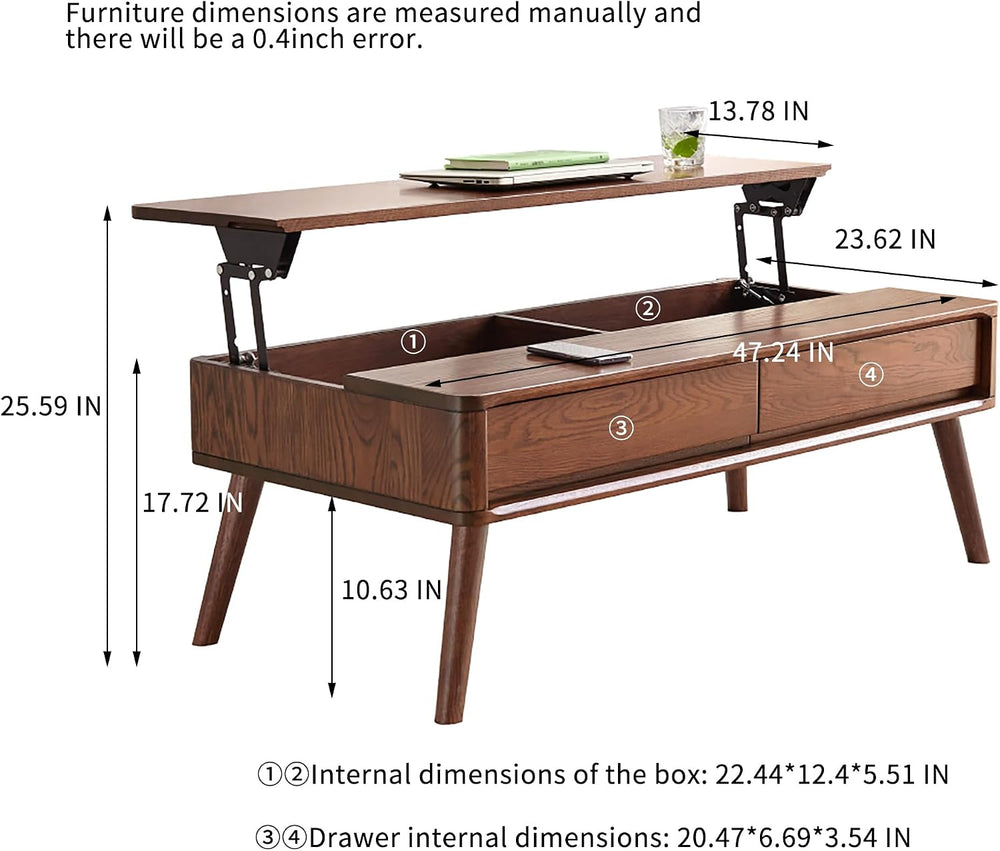 Wood Lift Top Coffee Table, 100% Solid Oak Wood Small Rising Dining Center Ta...