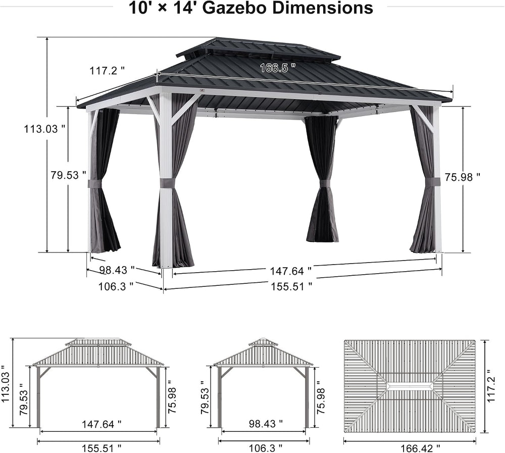 PURPLE LEAF Hardtop Gazebo 10' x 14' Pavilion Wind-Resistant White Frame
