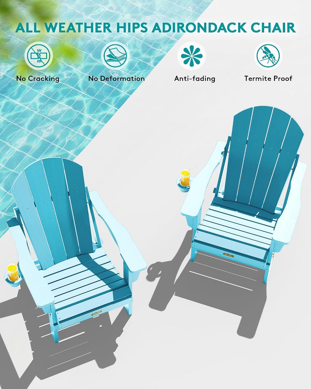 SERWALL Patio Folding Adirondack Chair Set of 2 with Cup Holder -Aruba Blue