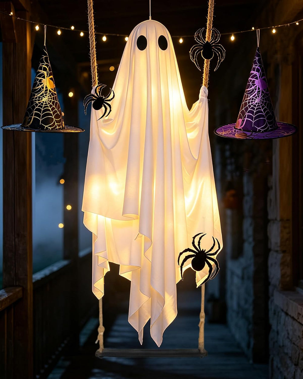 Swinging Ghost with 2PCS Hat & 12PCS Spider Halloween Decoration Outdoor