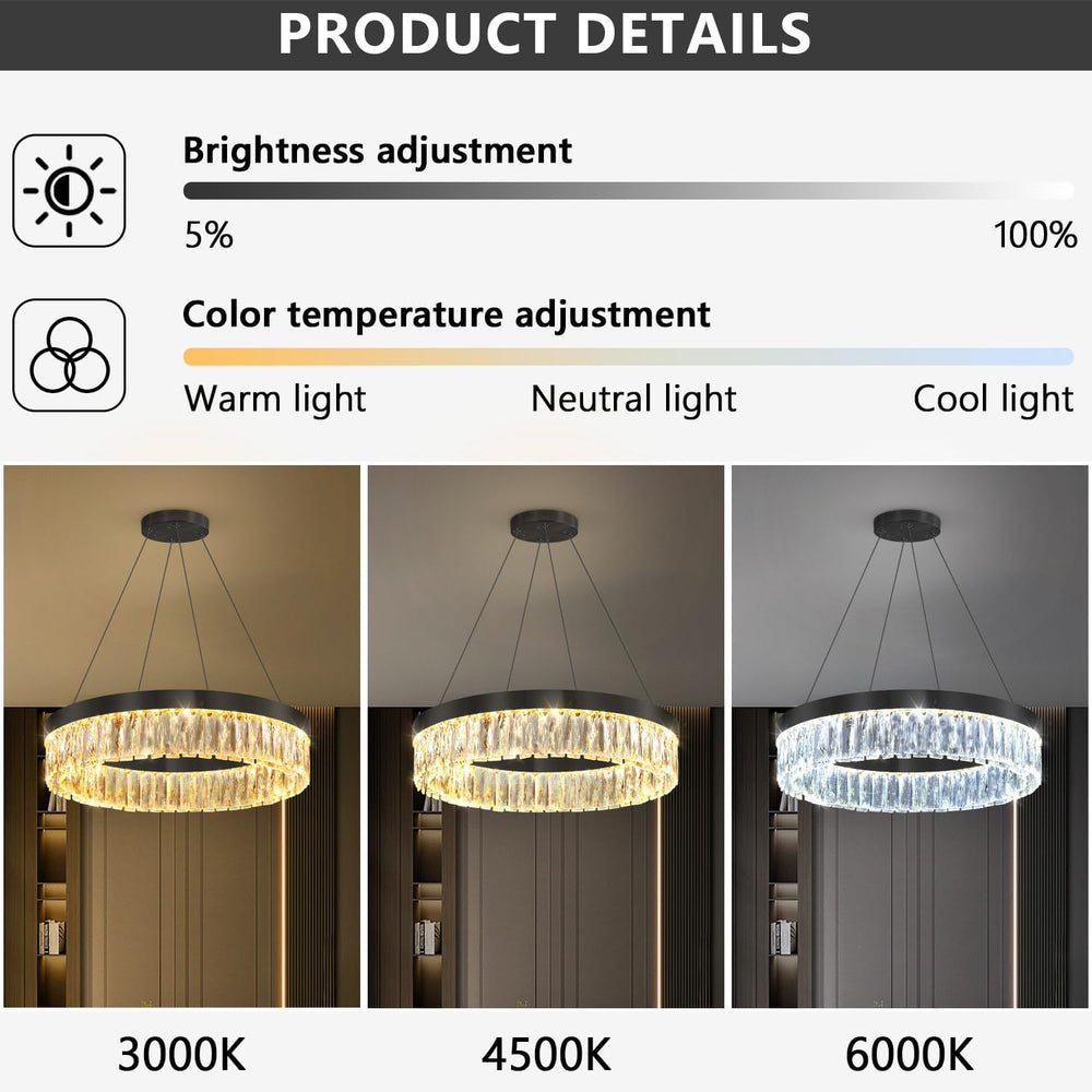 23.6" 1 Ring Modern LED Dimmable Ring Chandelier Adjustable Round Crysta...