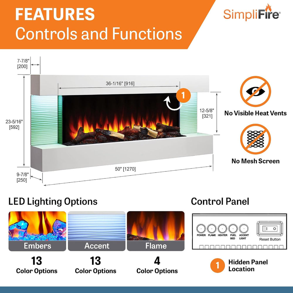 SimpliFire Format 36-Inch Wall Mount Electric Fireplace with 50-Inch Floating...