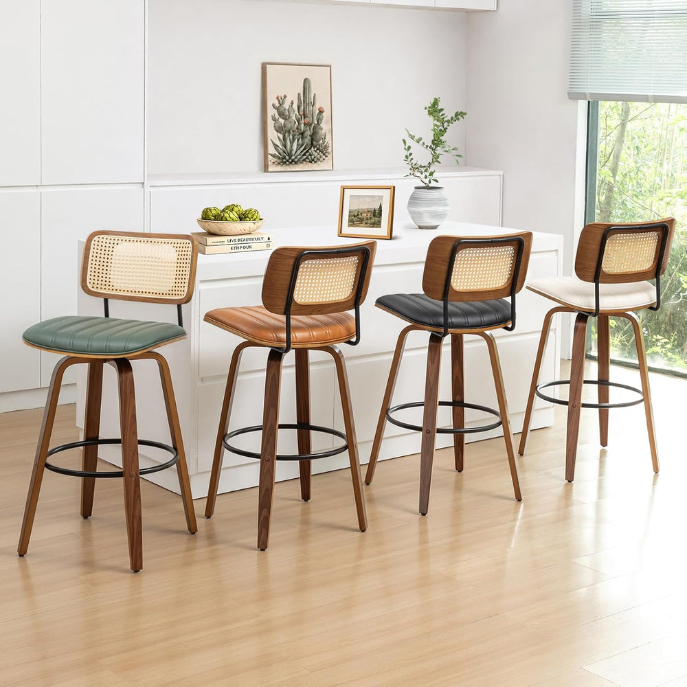 Rattan Swivel Bar Stools, Mid Century Bar Stools with Walnut Craftsmanship