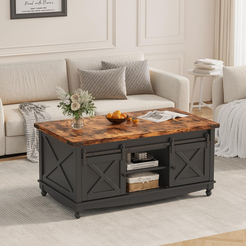 ALLSTAND 48" Farmhouse Lift Top Coffee Table with Storage Sliding Barn D...