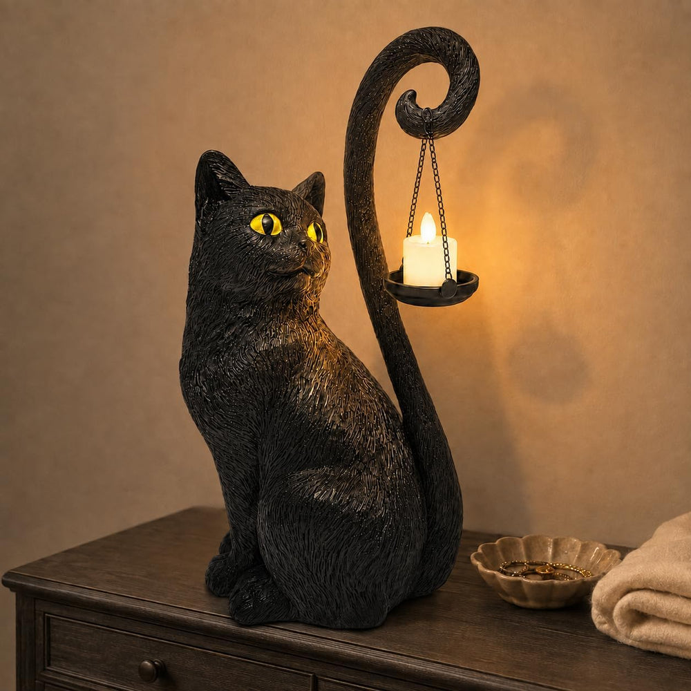 Black Cat Candle Holder Statue Halloween Decor Gothic Cat Lamp Decoration