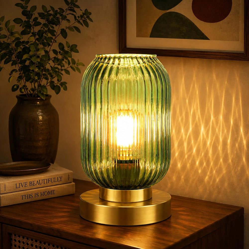 Mid Century Modern Table Lamp, Touch Control & 3 Way Dimmable, Green Ribb...