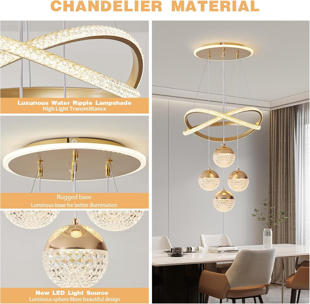 Gold LED Chandeliers, 3-Color Dimmable Pendant Light Dining Room Light Fixtur...
