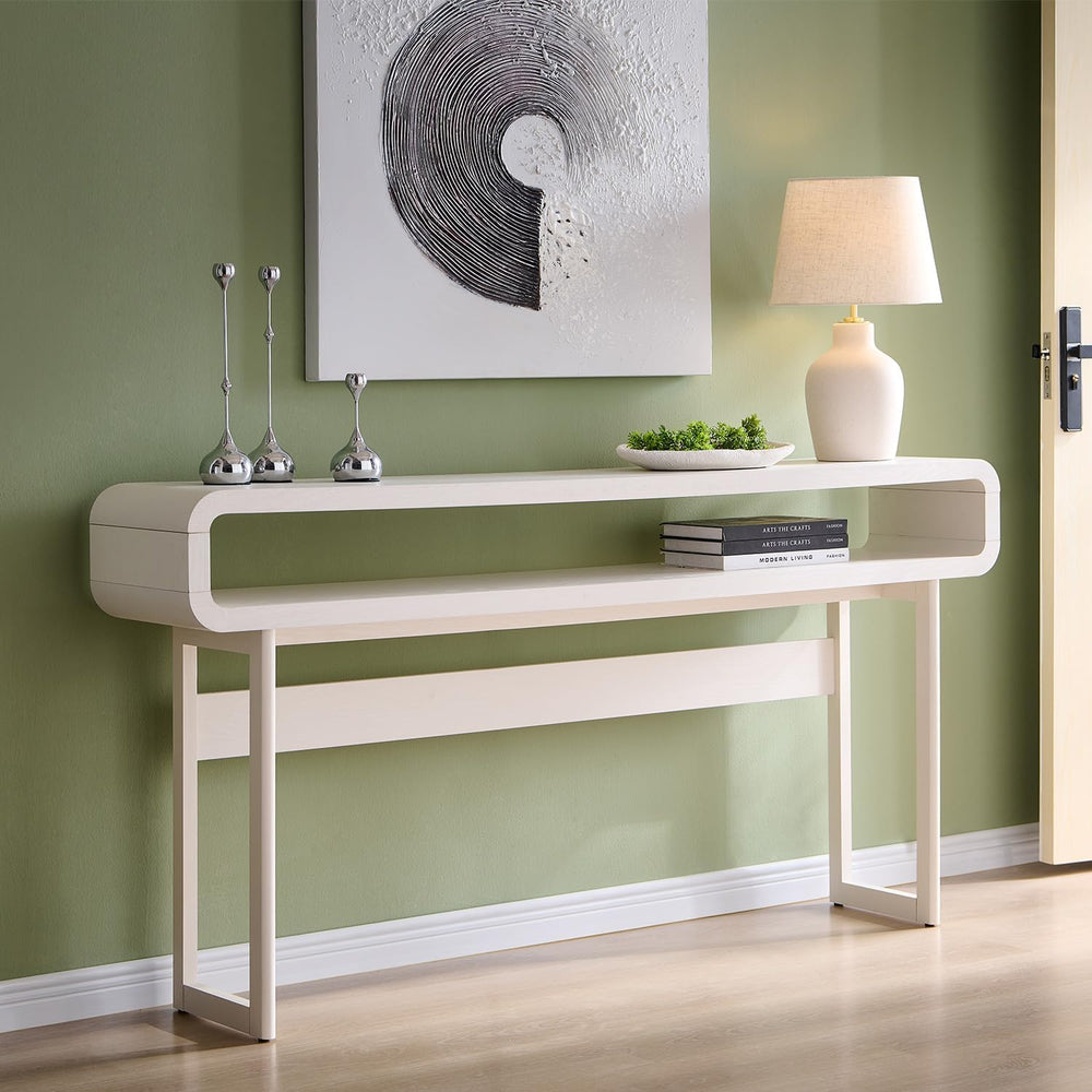 IFGET 63-Inch Long Console Table, Modern Curved Entryway Table, White