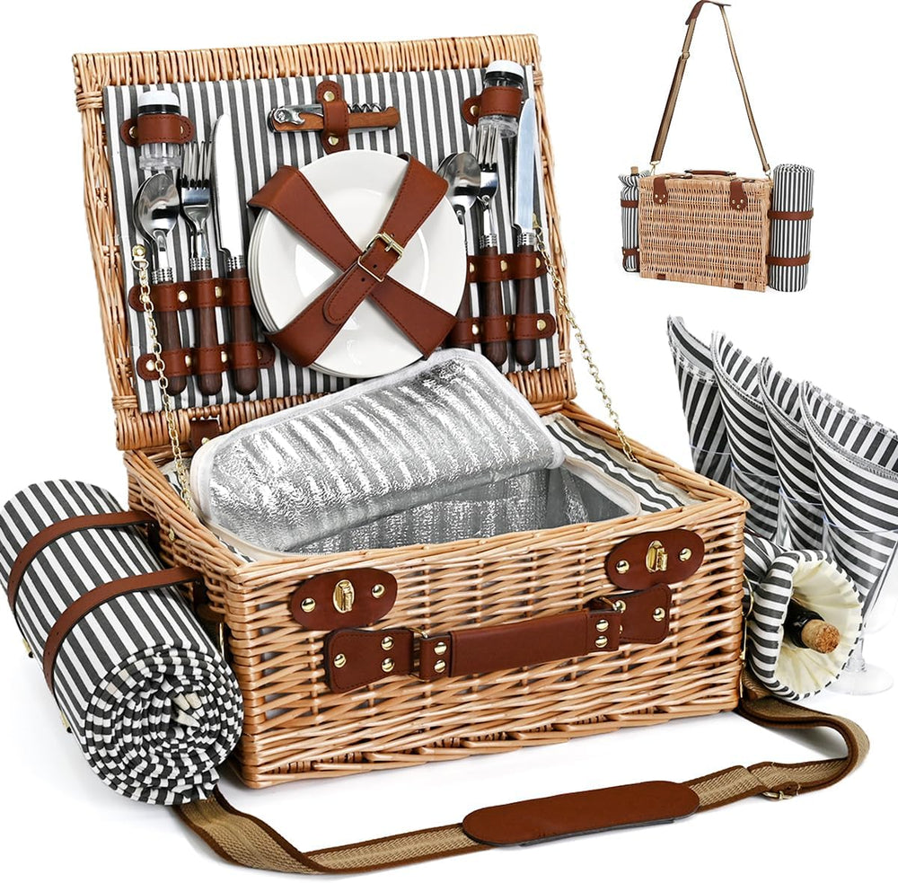 Picnic Basket with Blanket and Wine Pouch for 4, Wicker Picnic Set with Insul...