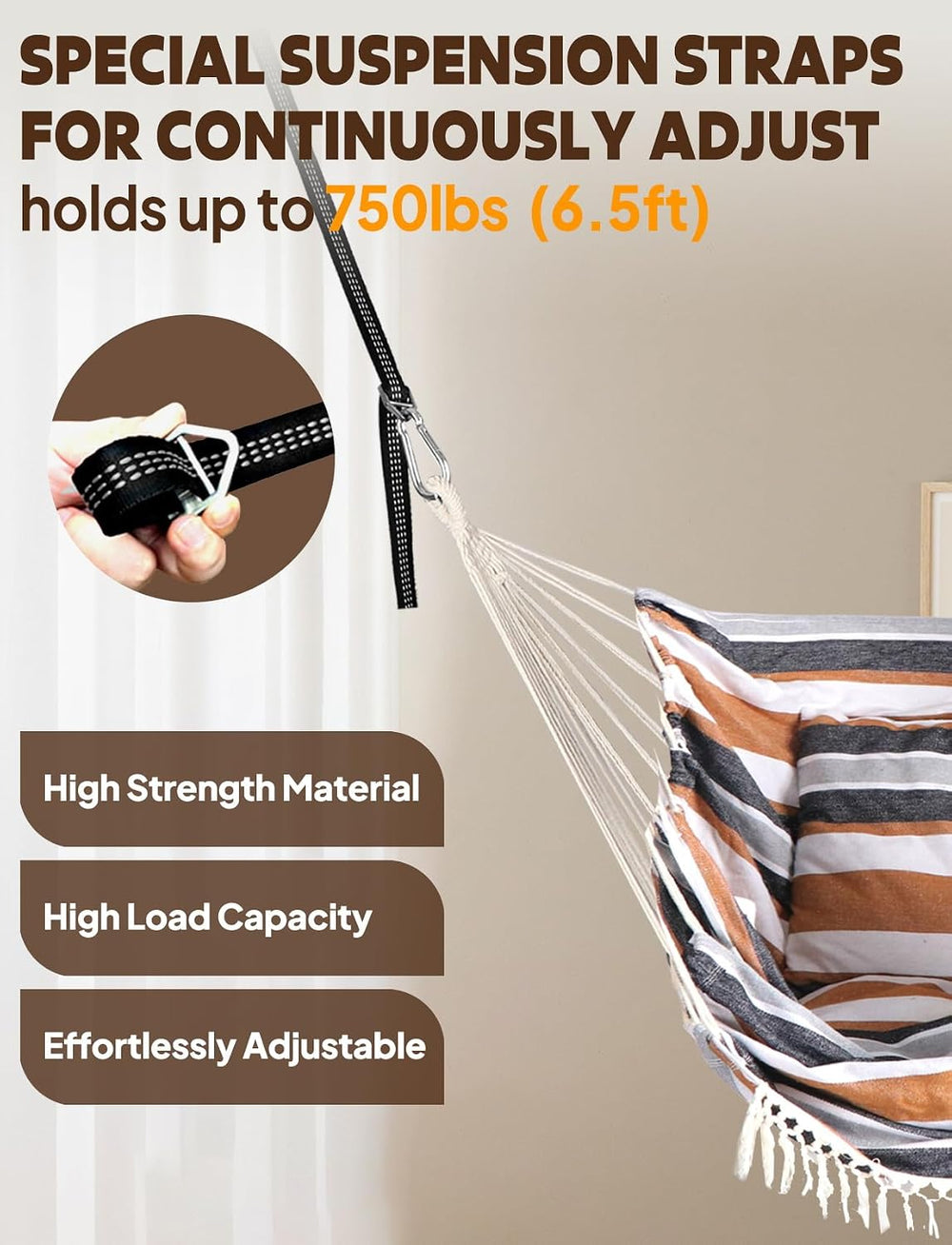 Chihee Hammock Chair with Strong Webbing Straps Hooks Suspension 2 Cushions
