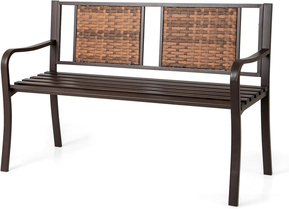 Giantex Outdoor Bench with PE Rattan Backrest, Curved Armrests, Slatted Seat ...