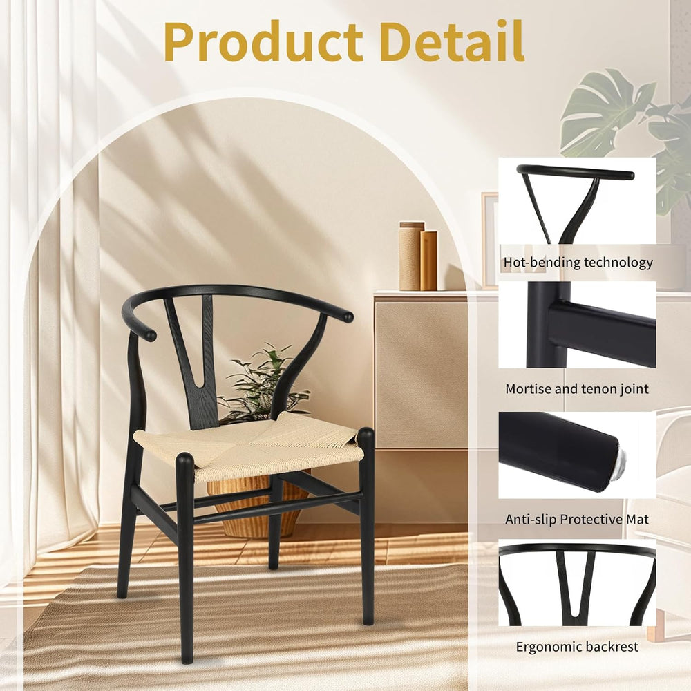 Wishbone Chairs Set of 4, Dining Chairs (Black Frame + Natural Cord)