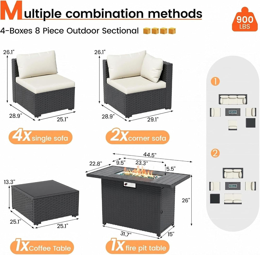 8 Piece Patio Furniture Set with 43" Fire Pit Table, White/Black