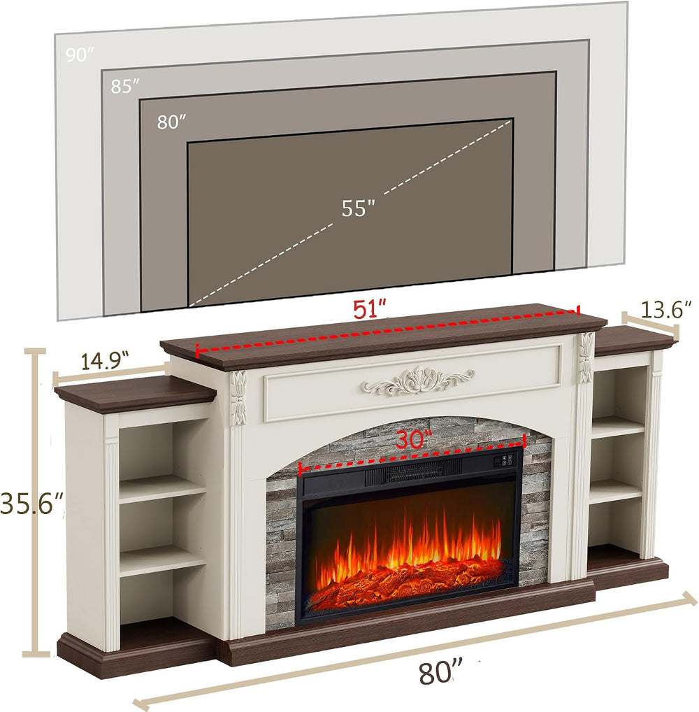 80" Electric Fireplace with Mantel, Fireplace TV Stand for TVs Up to 90 ...