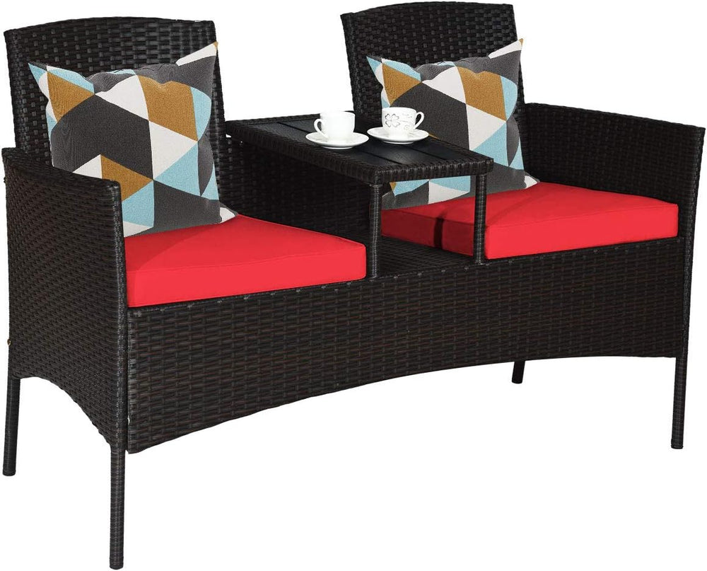 Tangkula Outdoor Rattan Loveseat, Patio Conversation Set with Cushions & ...