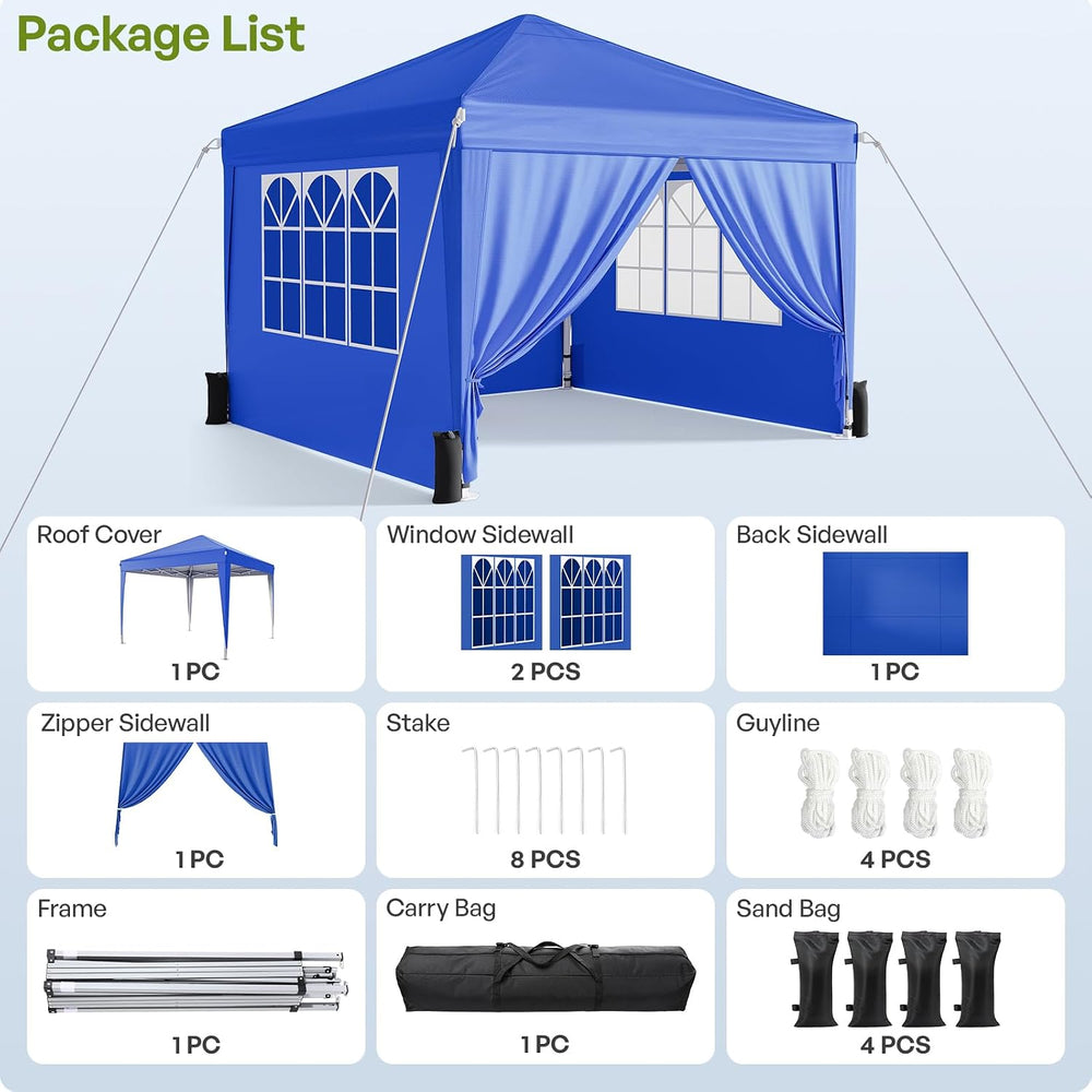 10x10 Pop Up Canopy Tent with Sidewalls, Portable Shelter,Blue
