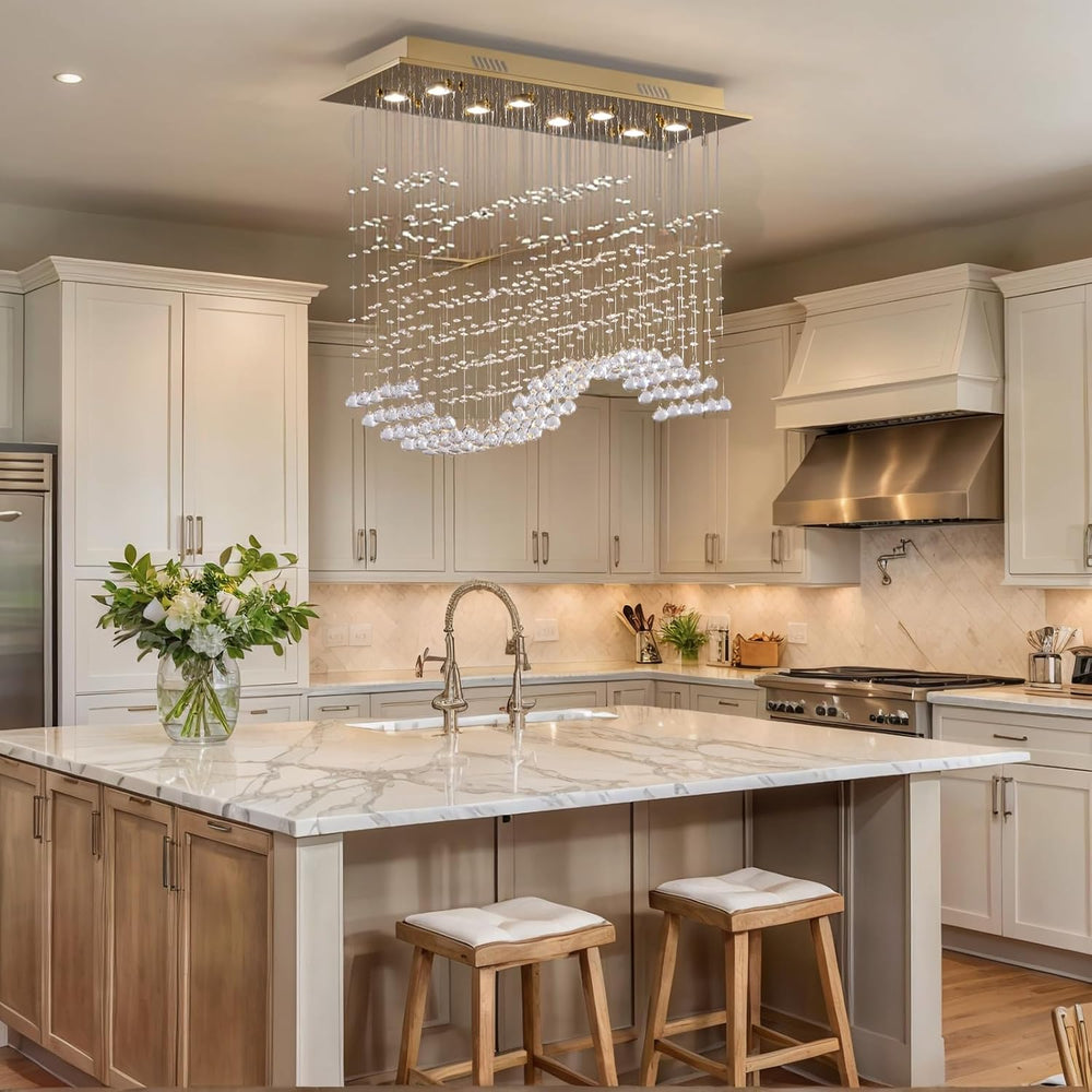 Siljoy Rectangular Gold Crystal Chandelier for Dining Room, 8-Light Modern Wa...