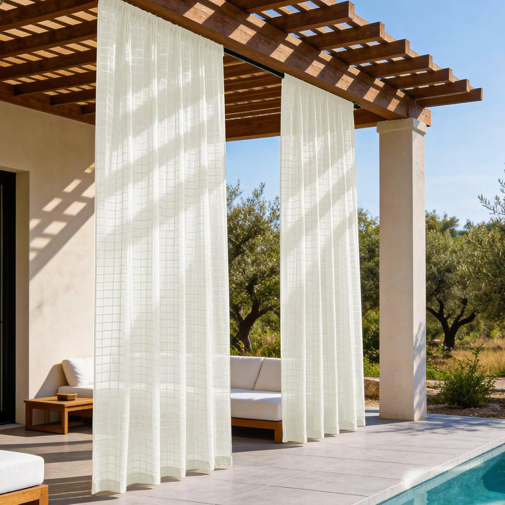 4 Panels Outdoor Sheer Curtains for Patio, Jacquard Check Curtains for Patio ...
