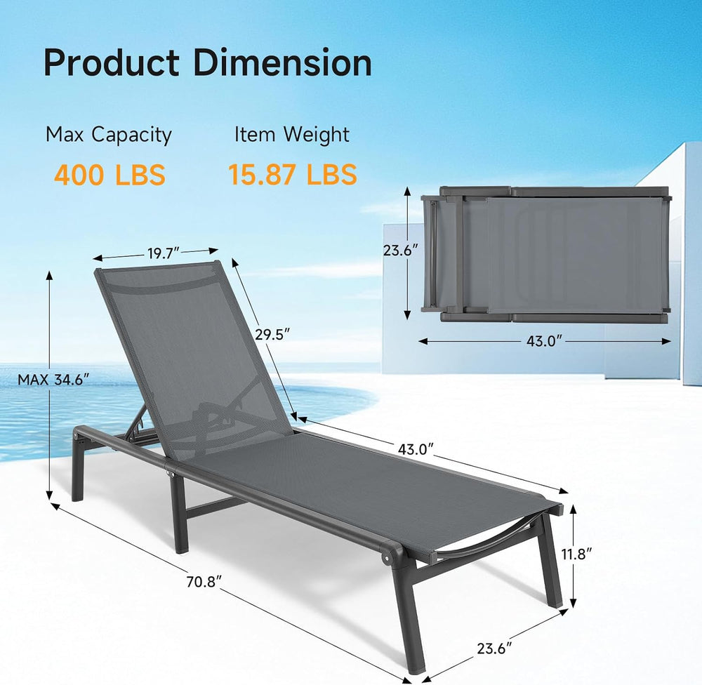 Aluminum Chaise Lounge Chair Outdoor for Outside Poolside, 1PC, Grey